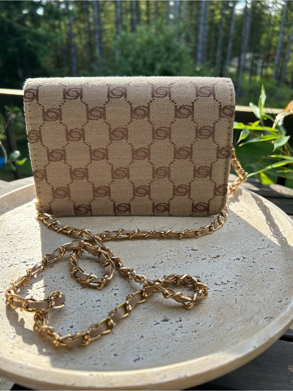 bebe Tallula Monogram Jacquard Beige and Brown Logo Crossbody with Gold Chain - Picture 2 of 8